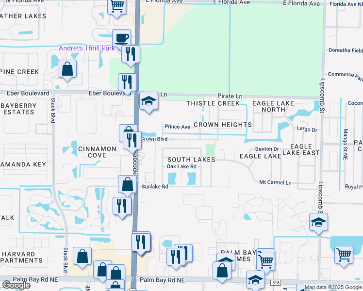 map of restaurants, bars, coffee shops, grocery stores, and more near 204 Crystal Lake Road in Melbourne