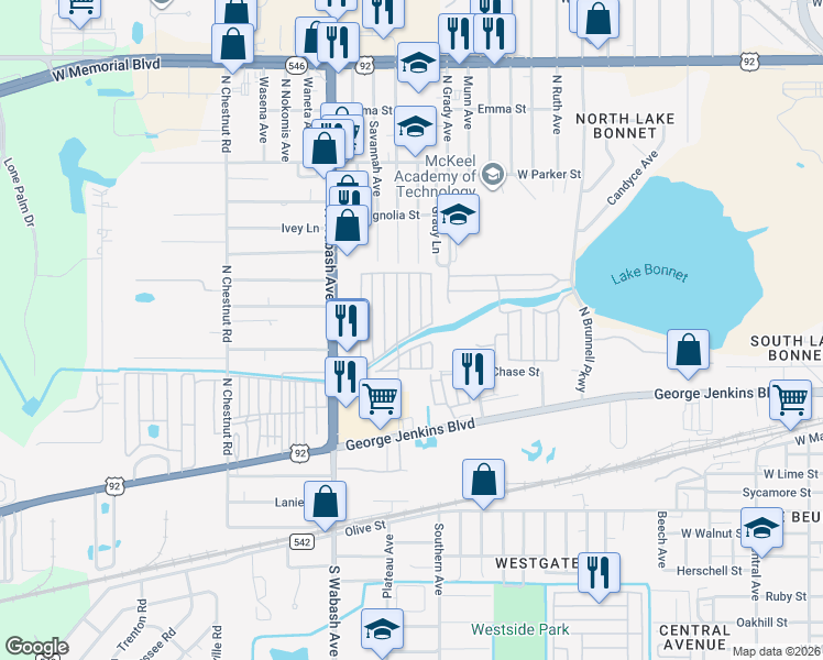 map of restaurants, bars, coffee shops, grocery stores, and more near 88 Lucile Street in Lakeland