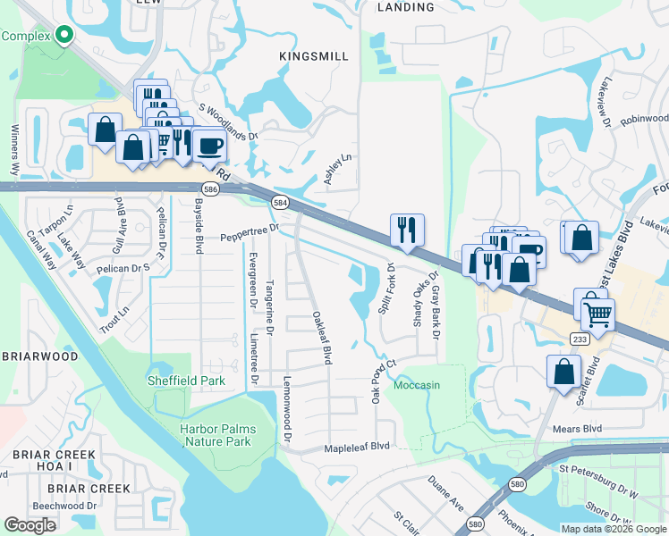 map of restaurants, bars, coffee shops, grocery stores, and more near 1713 Azalea Court in Oldsmar