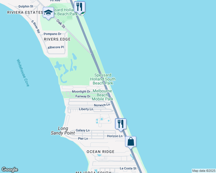 map of restaurants, bars, coffee shops, grocery stores, and more near 2581 South Highway A1A in Melbourne Beach