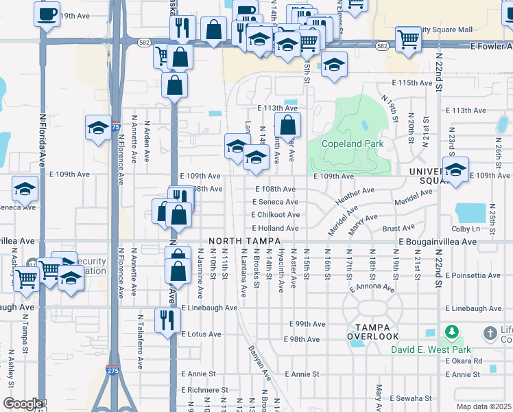 map of restaurants, bars, coffee shops, grocery stores, and more near 1209 East Seneca Avenue in Tampa