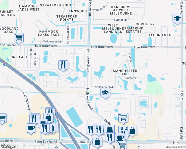 map of restaurants, bars, coffee shops, grocery stores, and more near 2198 Attilburgh Boulevard in West Melbourne
