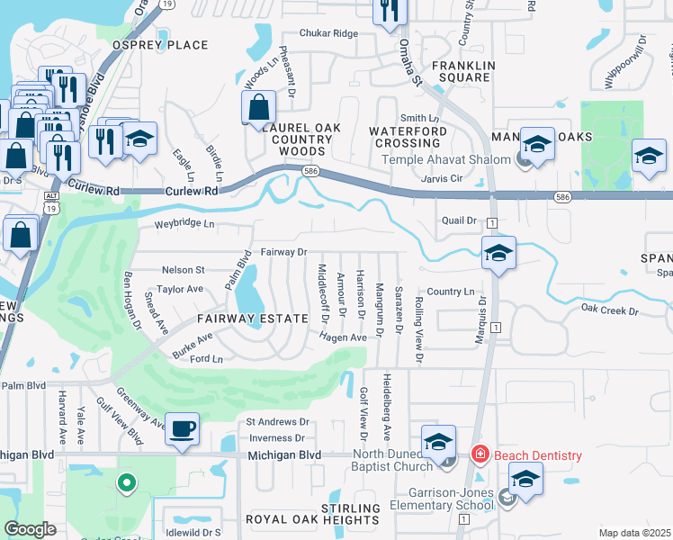 map of restaurants, bars, coffee shops, grocery stores, and more near 2384 Armour Drive in Dunedin