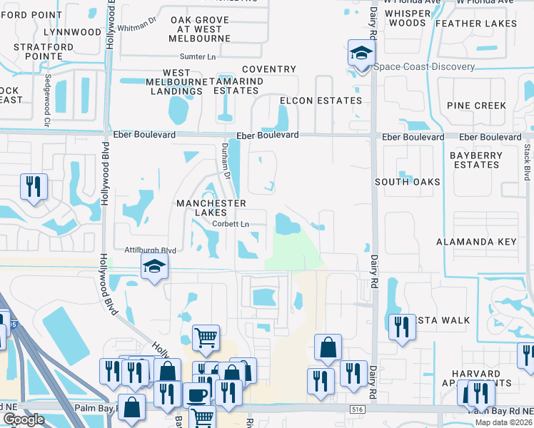 map of restaurants, bars, coffee shops, grocery stores, and more near 1218 Osborne Court in West Melbourne