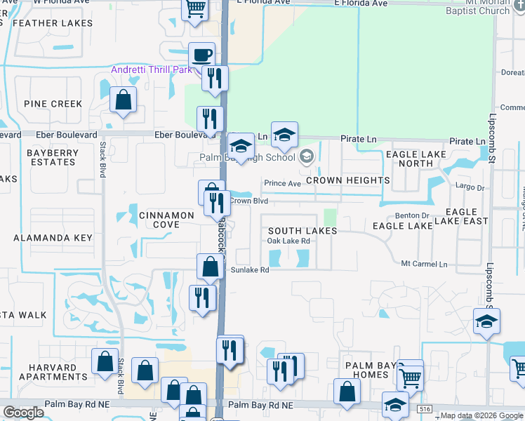 map of restaurants, bars, coffee shops, grocery stores, and more near 114 Crystal Lake Road in Melbourne