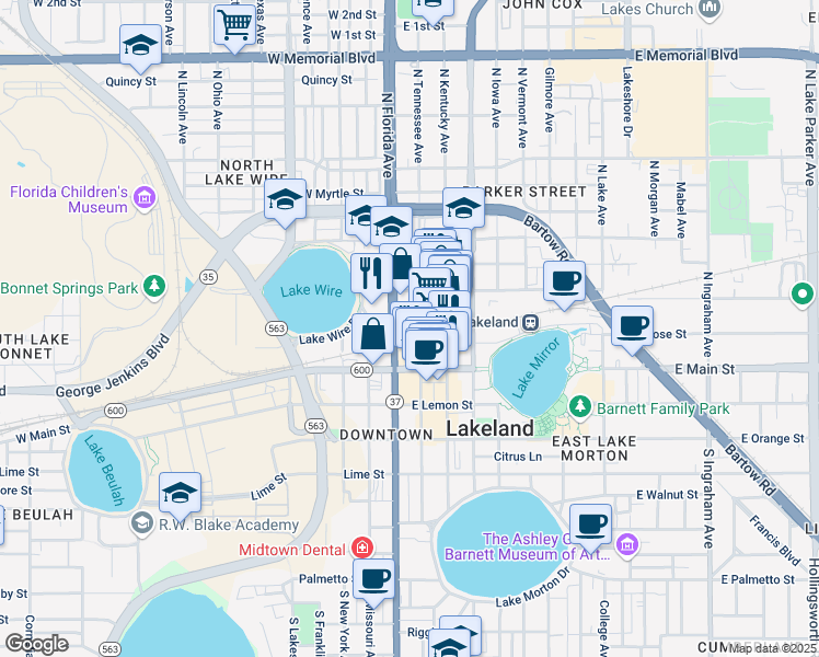 map of restaurants, bars, coffee shops, grocery stores, and more near 111 East Pine Street in Lakeland