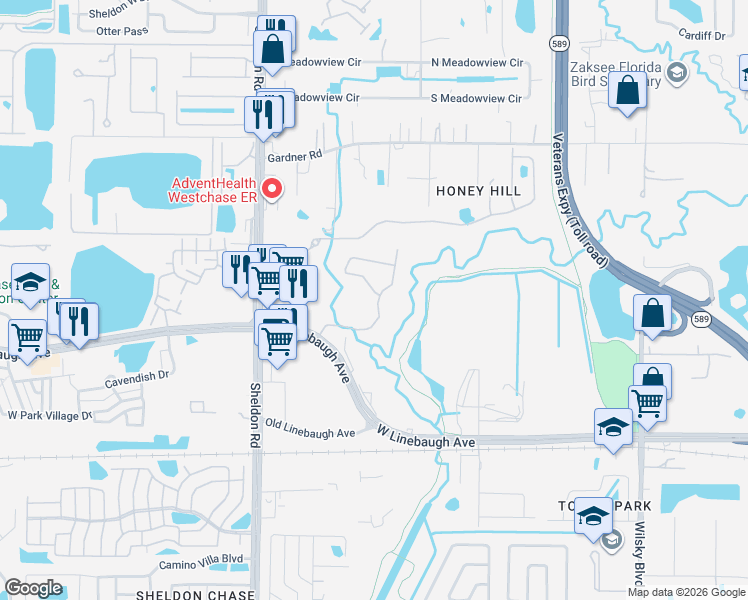 map of restaurants, bars, coffee shops, grocery stores, and more near 8502 Acorn Ridge Court in Tampa