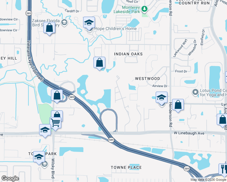 map of restaurants, bars, coffee shops, grocery stores, and more near 10316 Estero Bay Lane in Tampa