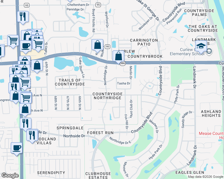 map of restaurants, bars, coffee shops, grocery stores, and more near 3410 Zara Way in Clearwater