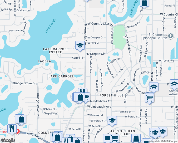 map of restaurants, bars, coffee shops, grocery stores, and more near 10306 North Oakleaf Avenue in Tampa