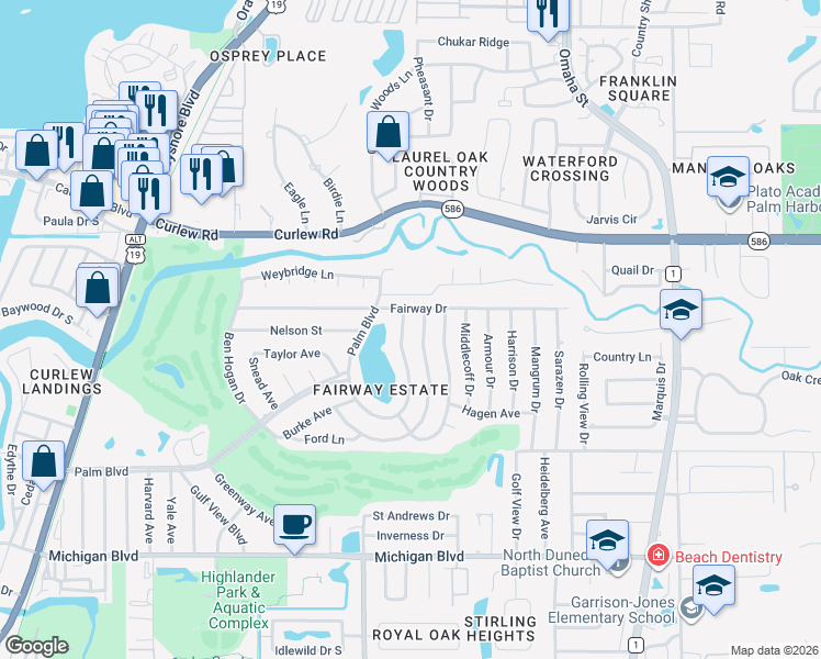 map of restaurants, bars, coffee shops, grocery stores, and more near 2387 Demaret Dr in Dunedin