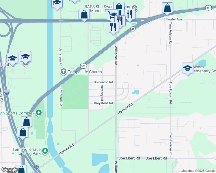 map of restaurants, bars, coffee shops, grocery stores, and more near 9404 Eastfield Road in Thonotosassa