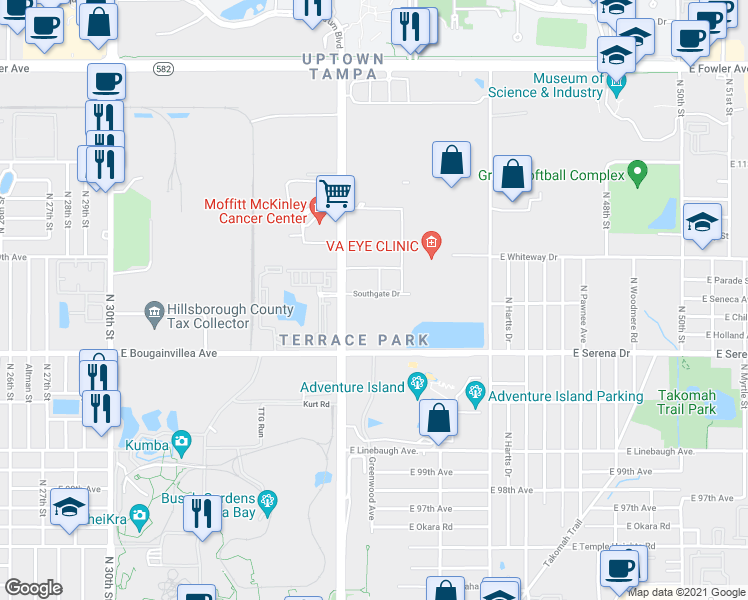 map of restaurants, bars, coffee shops, grocery stores, and more near 10811 McKinley Drive in Tampa