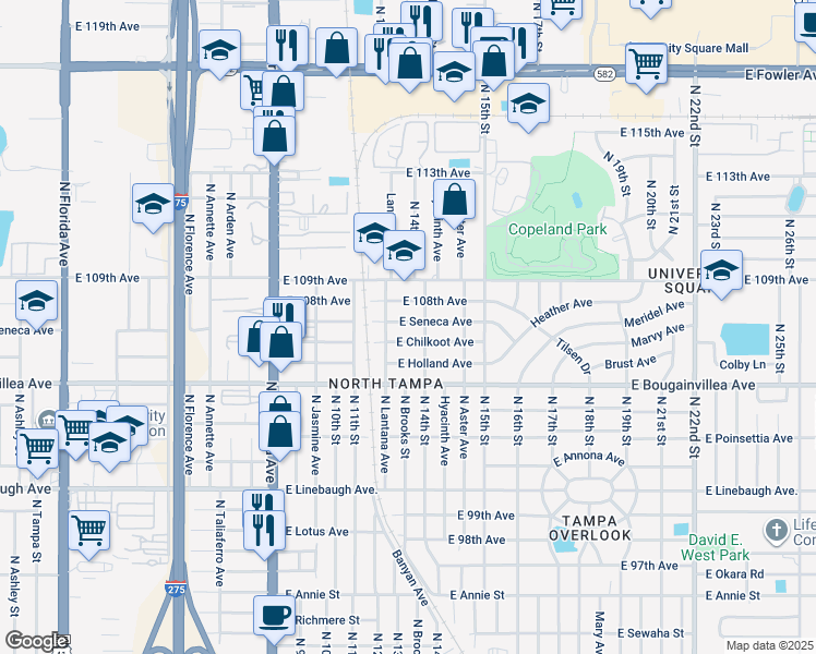 map of restaurants, bars, coffee shops, grocery stores, and more near 1209 East Seneca Avenue in Tampa