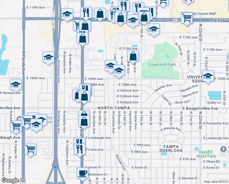 map of restaurants, bars, coffee shops, grocery stores, and more near 1209 East Seneca Avenue in Tampa