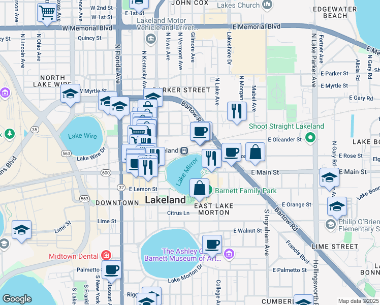 map of restaurants, bars, coffee shops, grocery stores, and more near Lake Mirror Drive in Lakeland