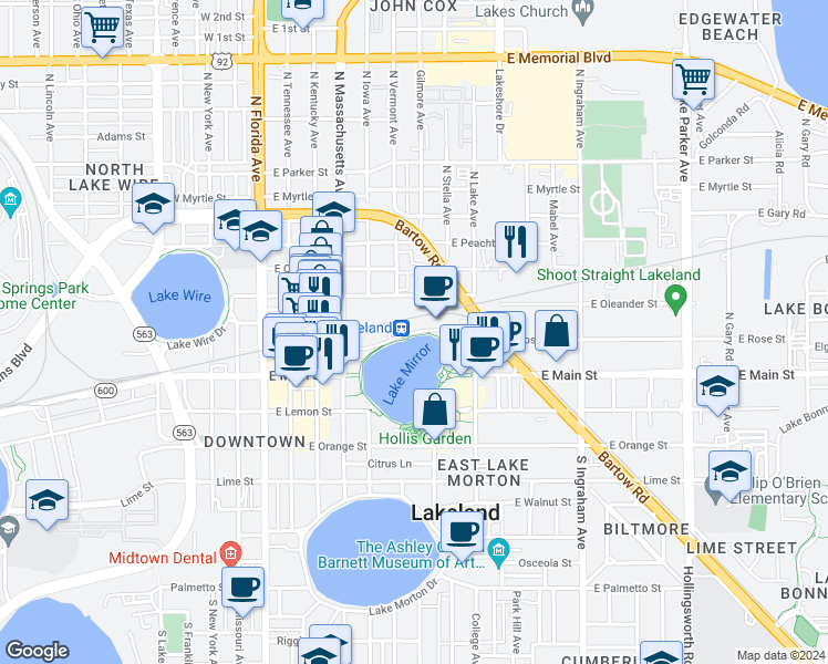 map of restaurants, bars, coffee shops, grocery stores, and more near Lake Mirror Drive in Lakeland