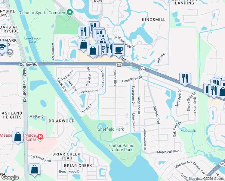 map of restaurants, bars, coffee shops, grocery stores, and more near 2000 Hudson Court in Oldsmar