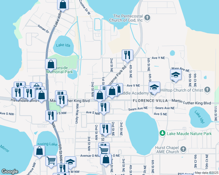 map of restaurants, bars, coffee shops, grocery stores, and more near 2206 Lucerne Park Road in Winter Haven