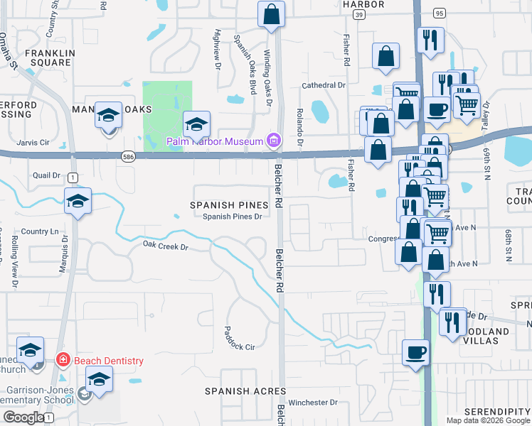 map of restaurants, bars, coffee shops, grocery stores, and more near 1332 Moss Drive in Dunedin