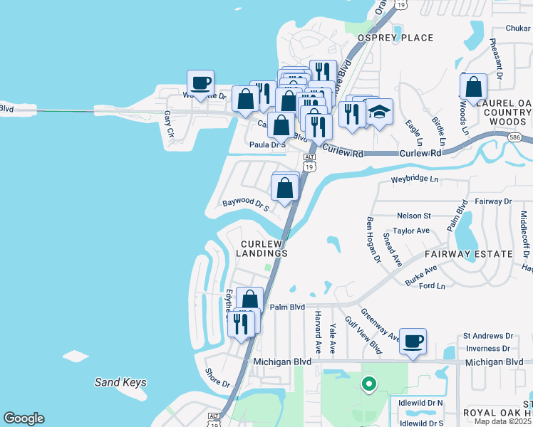 map of restaurants, bars, coffee shops, grocery stores, and more near 595 Baywood Drive South in Dunedin
