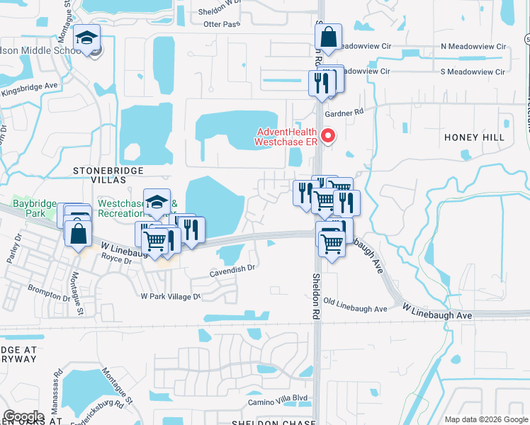 map of restaurants, bars, coffee shops, grocery stores, and more near 10601 Wild Meadow Way in Tampa