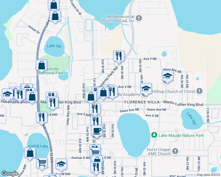 map of restaurants, bars, coffee shops, grocery stores, and more near 260 Avenue V Northeast in Winter Haven