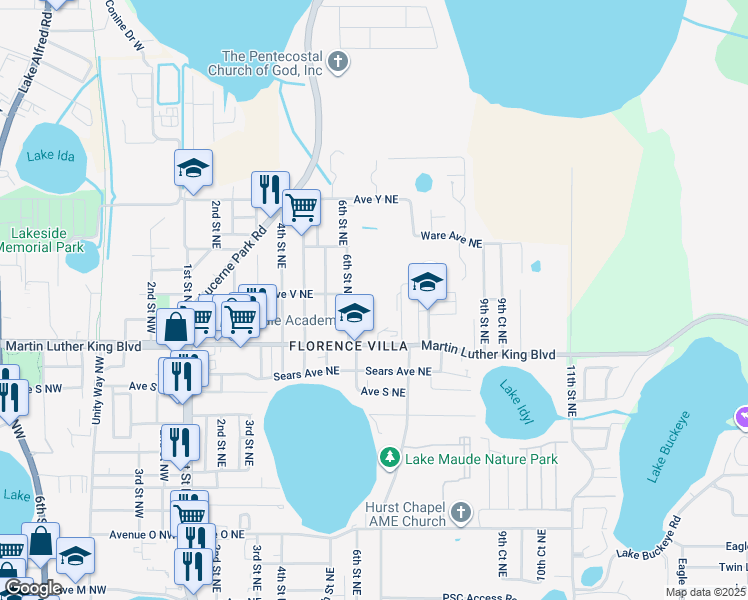 map of restaurants, bars, coffee shops, grocery stores, and more near 601 Avenue T Northeast in Winter Haven
