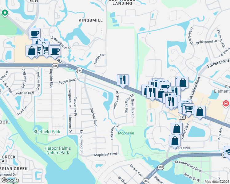 map of restaurants, bars, coffee shops, grocery stores, and more near 1601 Gray Bark Drive in Oldsmar