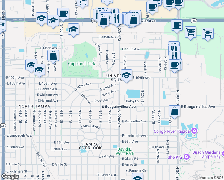 map of restaurants, bars, coffee shops, grocery stores, and more near 1916 Marvy Avenue in Tampa