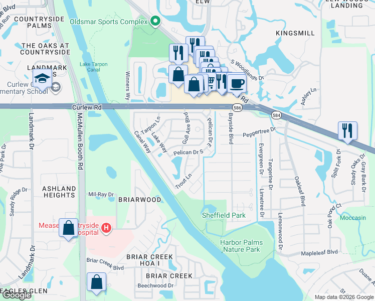 map of restaurants, bars, coffee shops, grocery stores, and more near 460 Pelican Drive East in Oldsmar