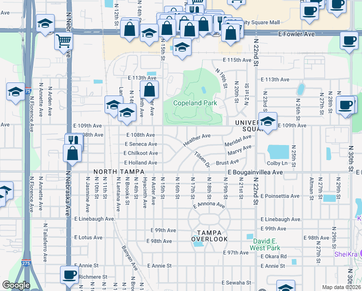 map of restaurants, bars, coffee shops, grocery stores, and more near 1515 Tilsen Drive in Tampa