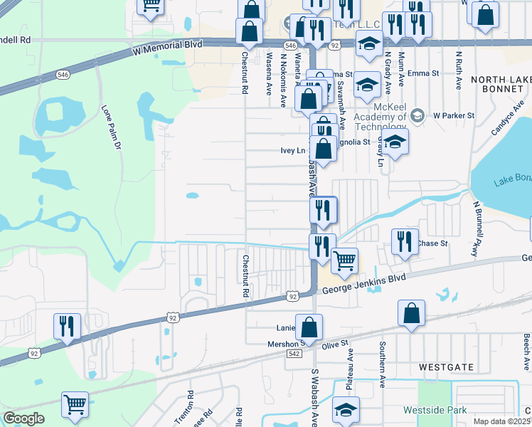 map of restaurants, bars, coffee shops, grocery stores, and more near 2326 Jessie Street in Lakeland