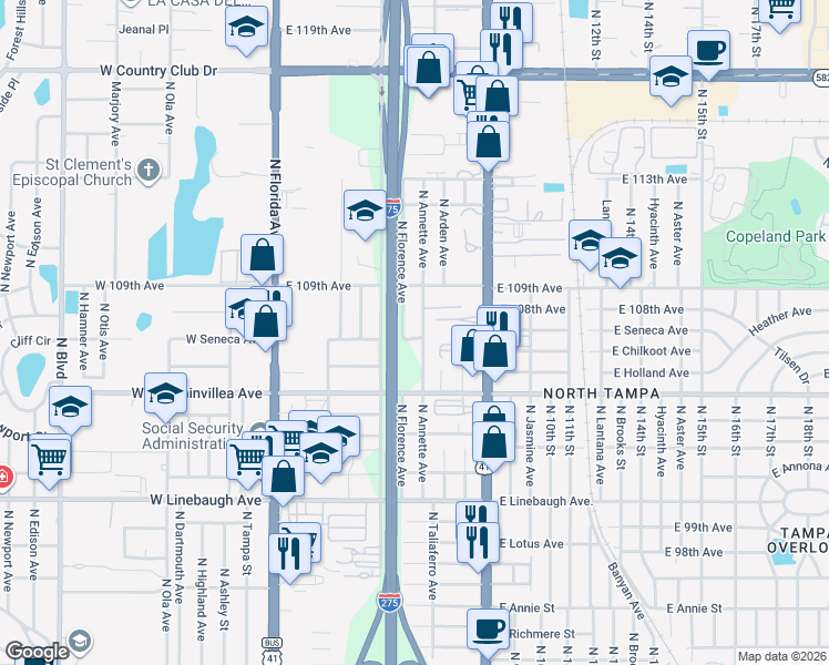 map of restaurants, bars, coffee shops, grocery stores, and more near 706 East Seneca Avenue in Tampa
