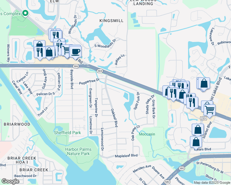 map of restaurants, bars, coffee shops, grocery stores, and more near 1707 Azalea Court in Oldsmar