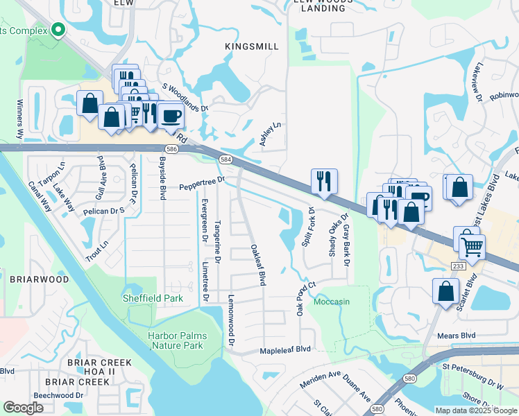 map of restaurants, bars, coffee shops, grocery stores, and more near 1707 Azalea Court in Oldsmar