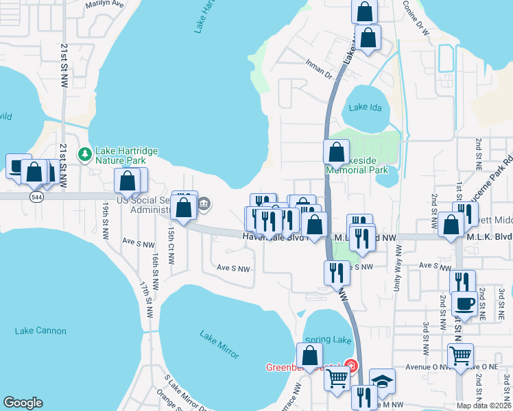map of restaurants, bars, coffee shops, grocery stores, and more near 2209 12th Street Northwest in Winter Haven