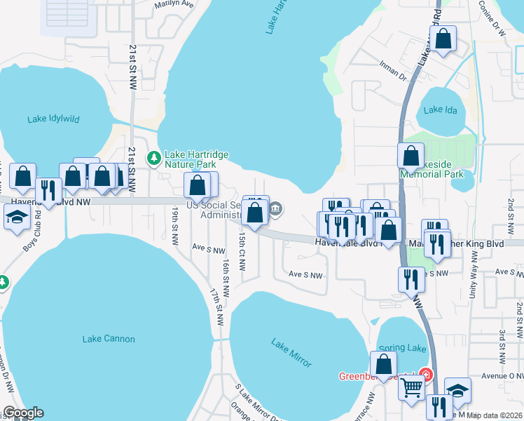 map of restaurants, bars, coffee shops, grocery stores, and more near 2000 15th Court Northwest in Winter Haven