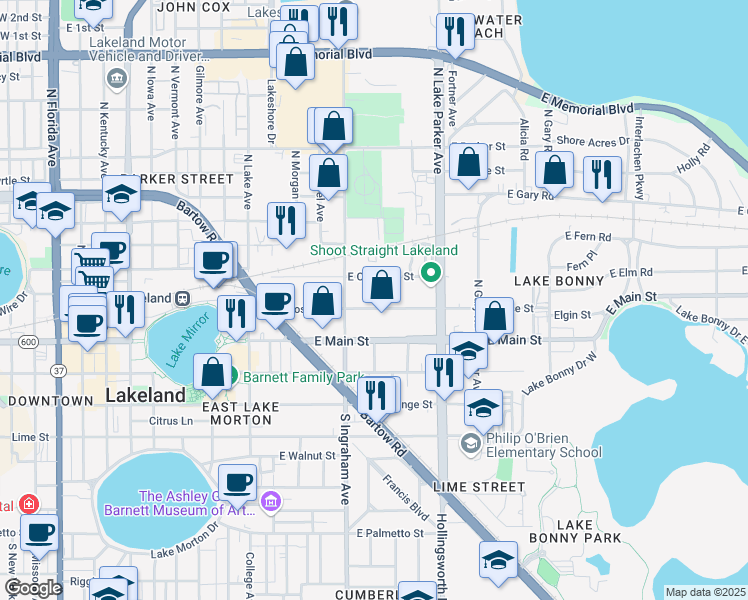 map of restaurants, bars, coffee shops, grocery stores, and more near 1034 East Rose Street in Lakeland
