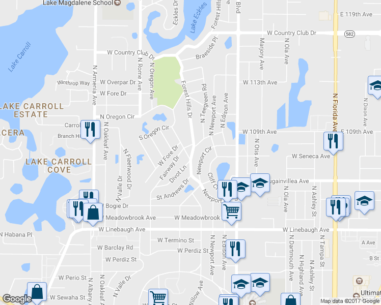 map of restaurants, bars, coffee shops, grocery stores, and more near 10402 Forest Hills Drive in Tampa