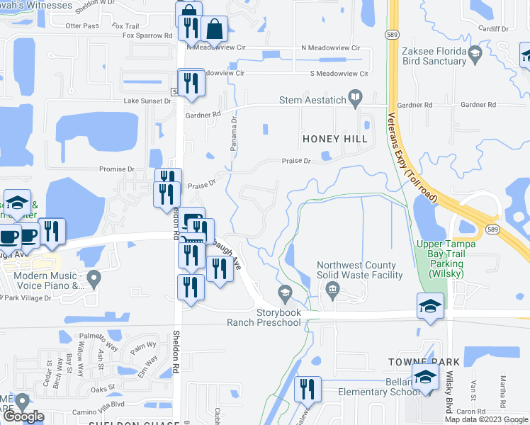 map of restaurants, bars, coffee shops, grocery stores, and more near Ashford Oaks Drive in Tampa