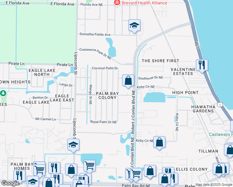 map of restaurants, bars, coffee shops, grocery stores, and more near 2473 Ersoff Boulevard Northeast in Palm Bay