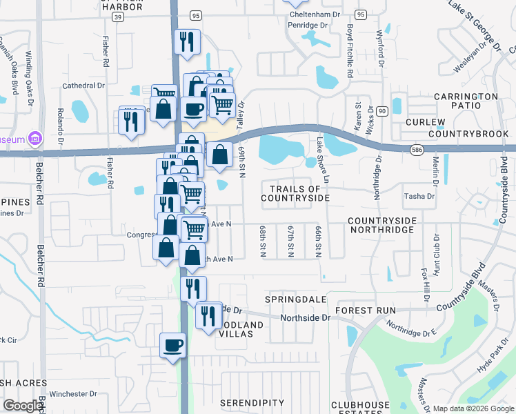 map of restaurants, bars, coffee shops, grocery stores, and more near 3408 Fairfield Trail in Clearwater