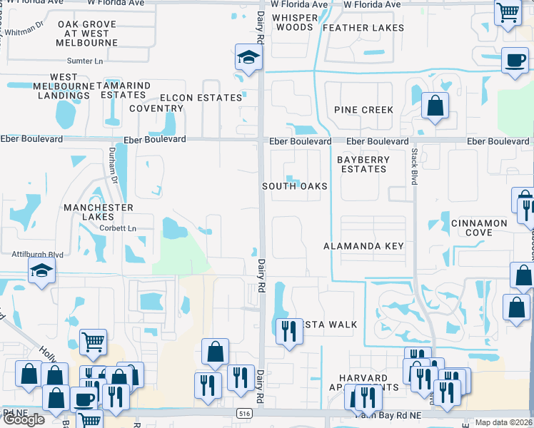 map of restaurants, bars, coffee shops, grocery stores, and more near 4550 Pagosa Springs Circle in Melbourne
