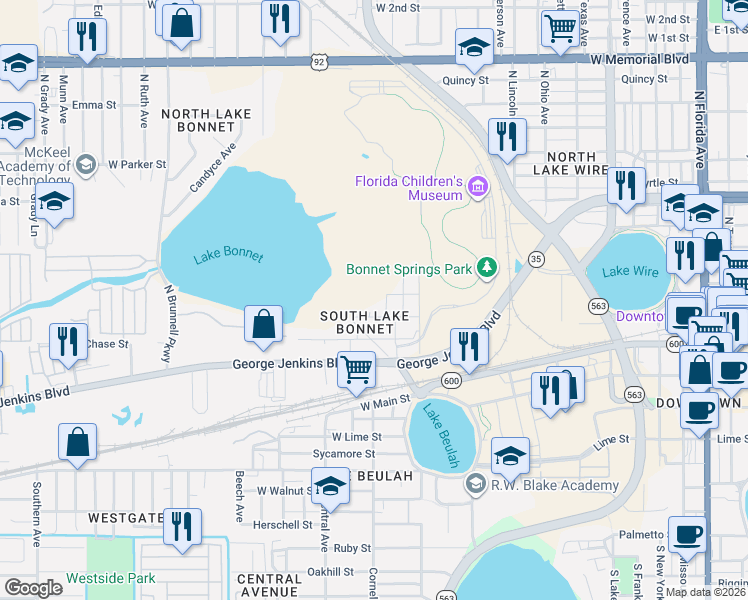 map of restaurants, bars, coffee shops, grocery stores, and more near 228 North Bonnet Avenue in Lakeland