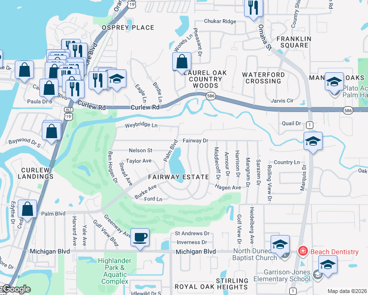 map of restaurants, bars, coffee shops, grocery stores, and more near 2387 Demaret Drive in Dunedin