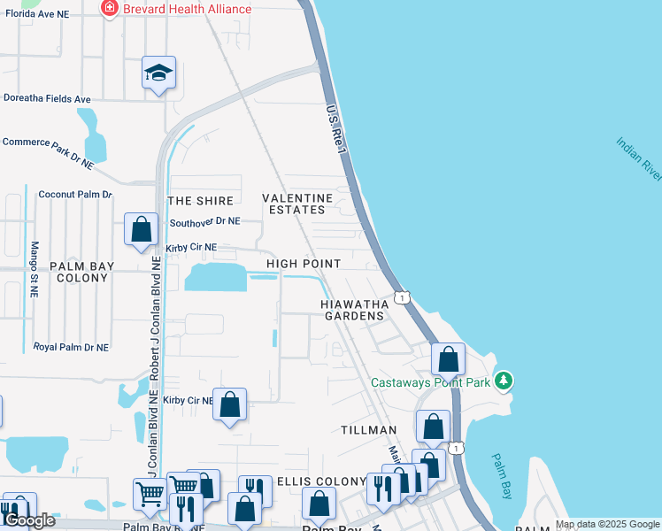 map of restaurants, bars, coffee shops, grocery stores, and more near 2707 Palm Drive in Palm Bay