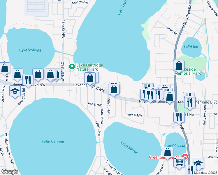 map of restaurants, bars, coffee shops, grocery stores, and more near in Winter Haven