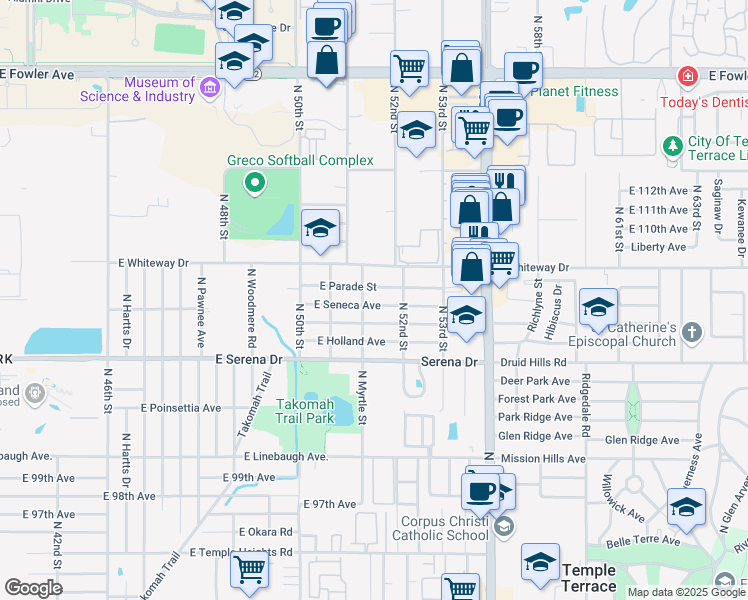 map of restaurants, bars, coffee shops, grocery stores, and more near 5127 East Seneca Avenue in Tampa