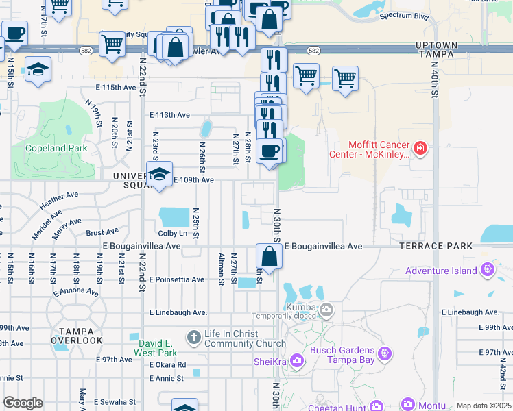 map of restaurants, bars, coffee shops, grocery stores, and more near 10610 North 30th Street in Tampa